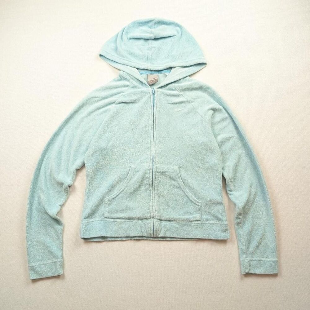 Y2K Nike Women's Terry Cloth Baby Blue Cropped Zipup Hoodie Femme Size Small